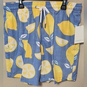 Trunks Surf & Swim Co. Blue Lemon Print Men's Swim Trunks W/pockets Size L